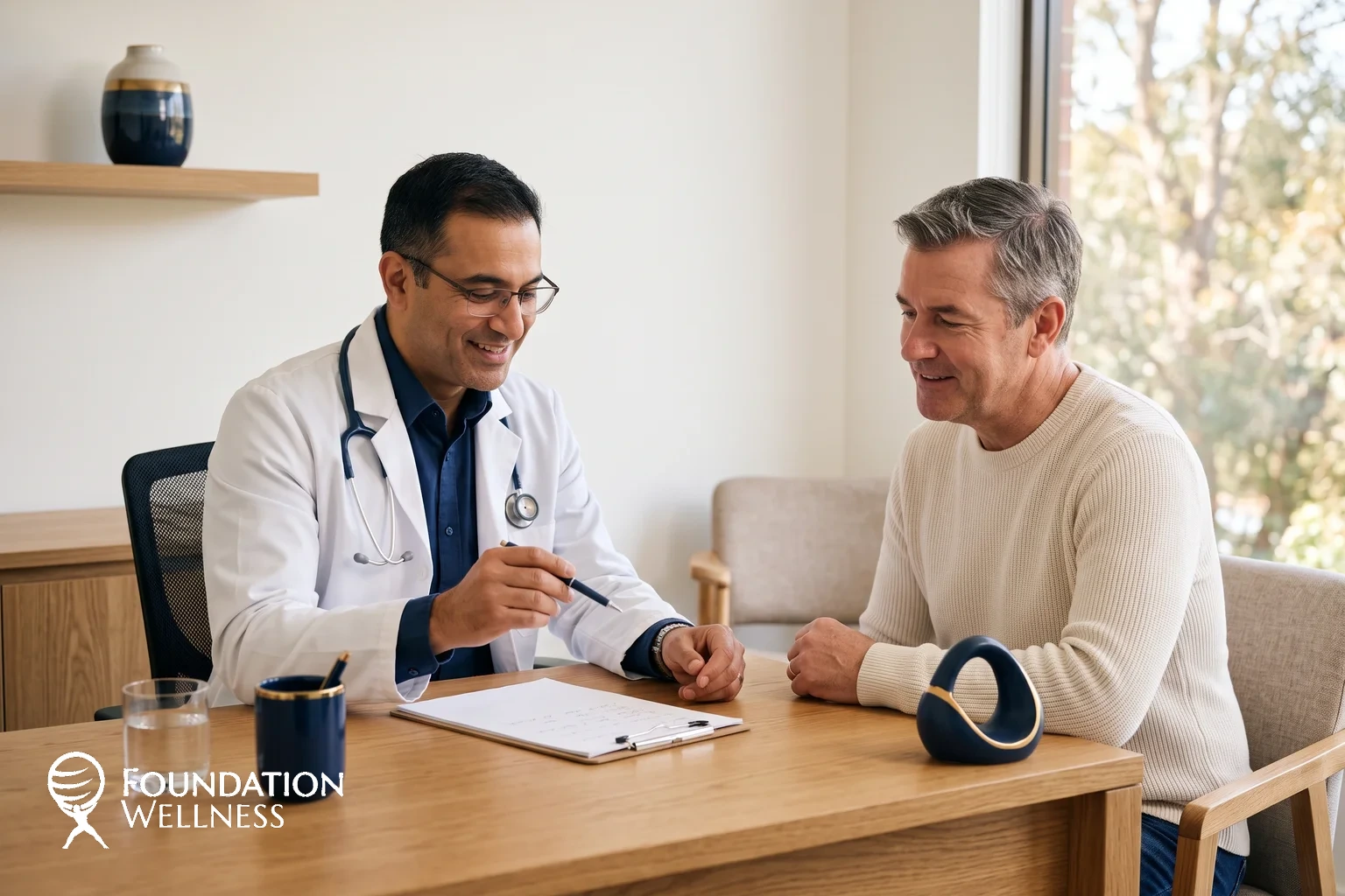 A physician reviewing a TRT treatment plan and costs with a male patient in Utah