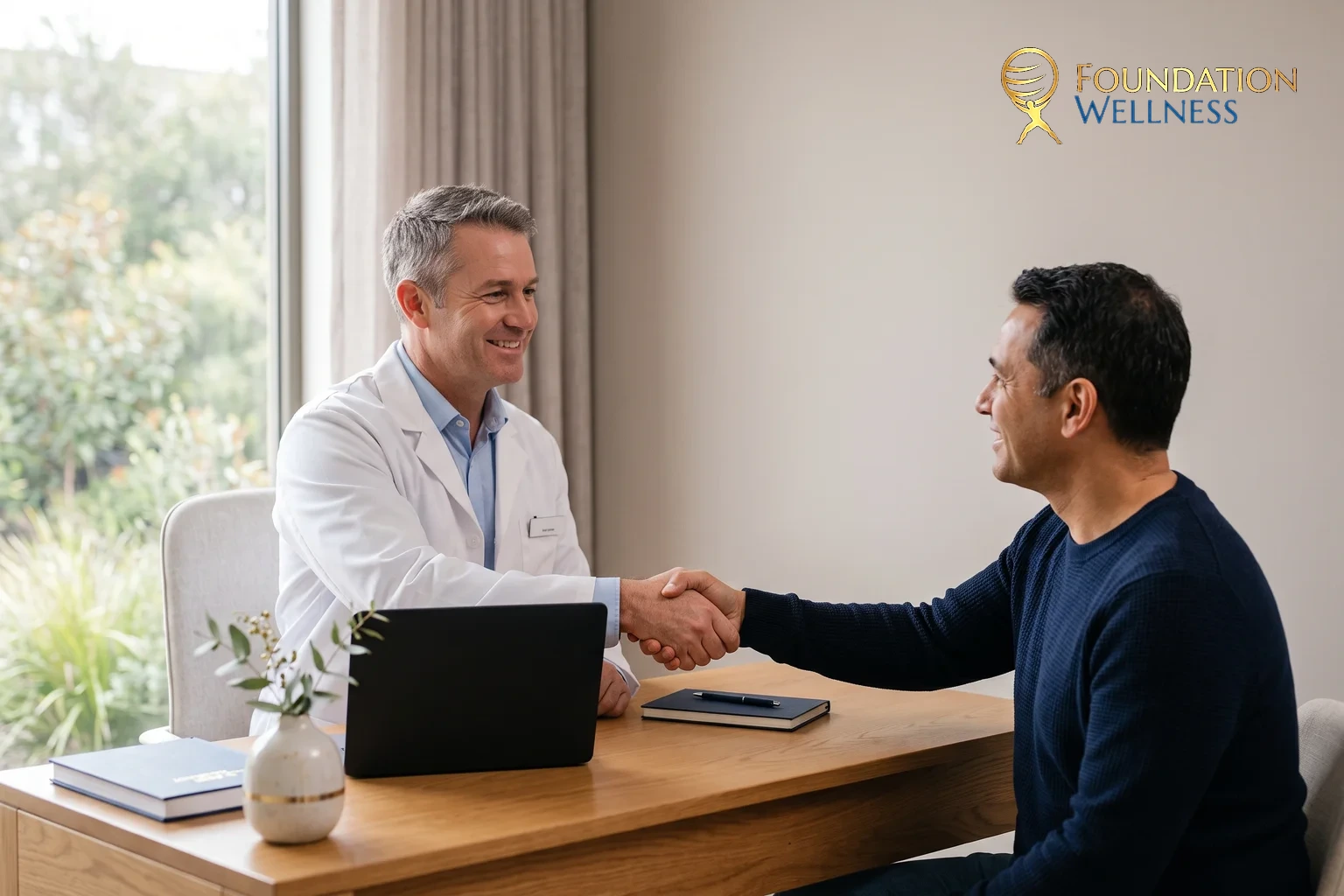 A trusting handshake between a clinician and a male TRT patient