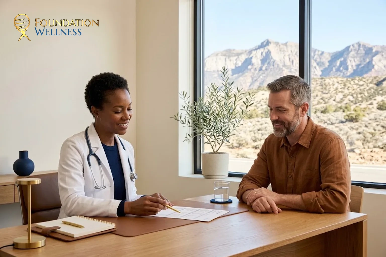 A white-coat clinician reviews a simple TRT care plan with a male patient
