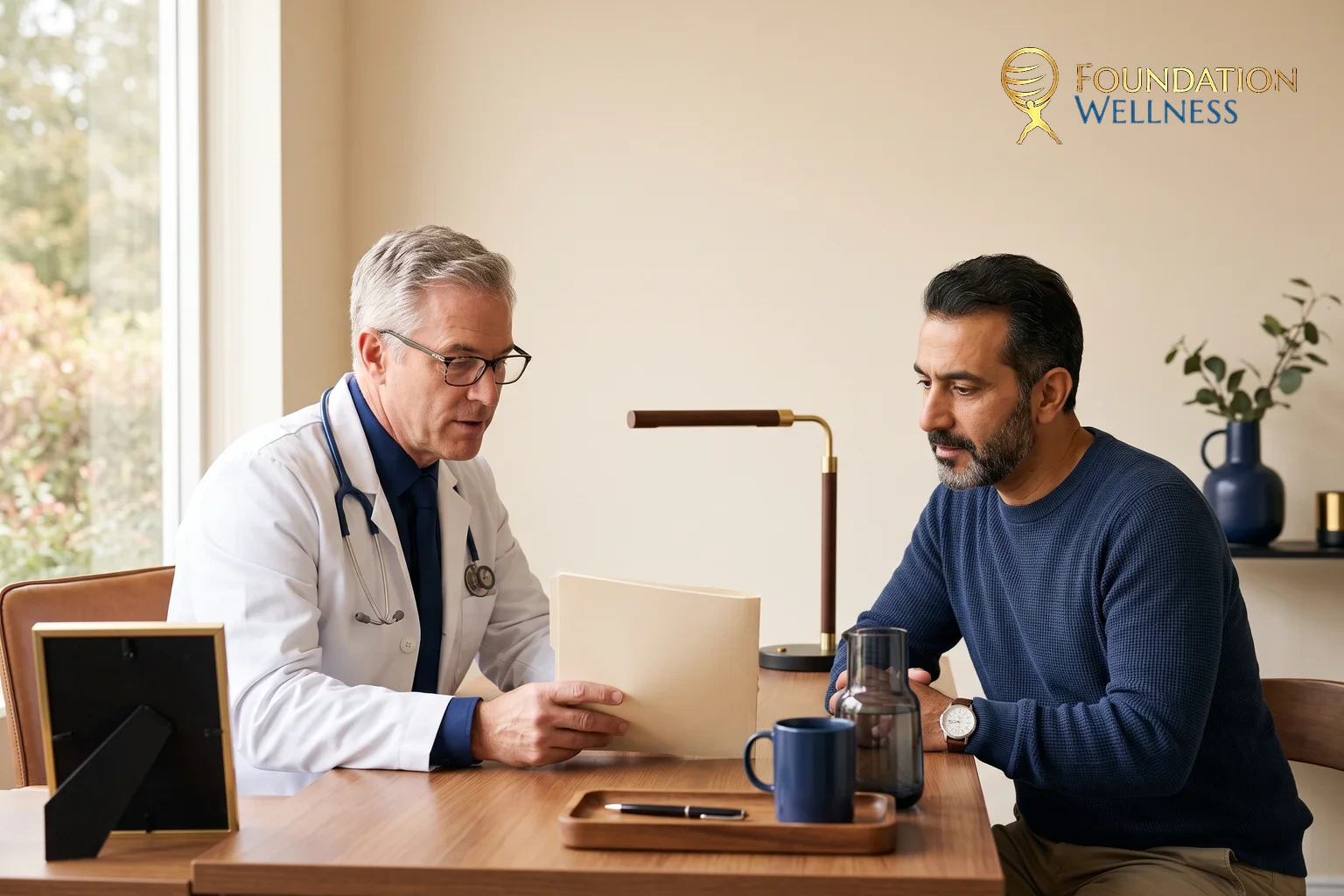A physician reviewing lab results and TRT safety with a male patient