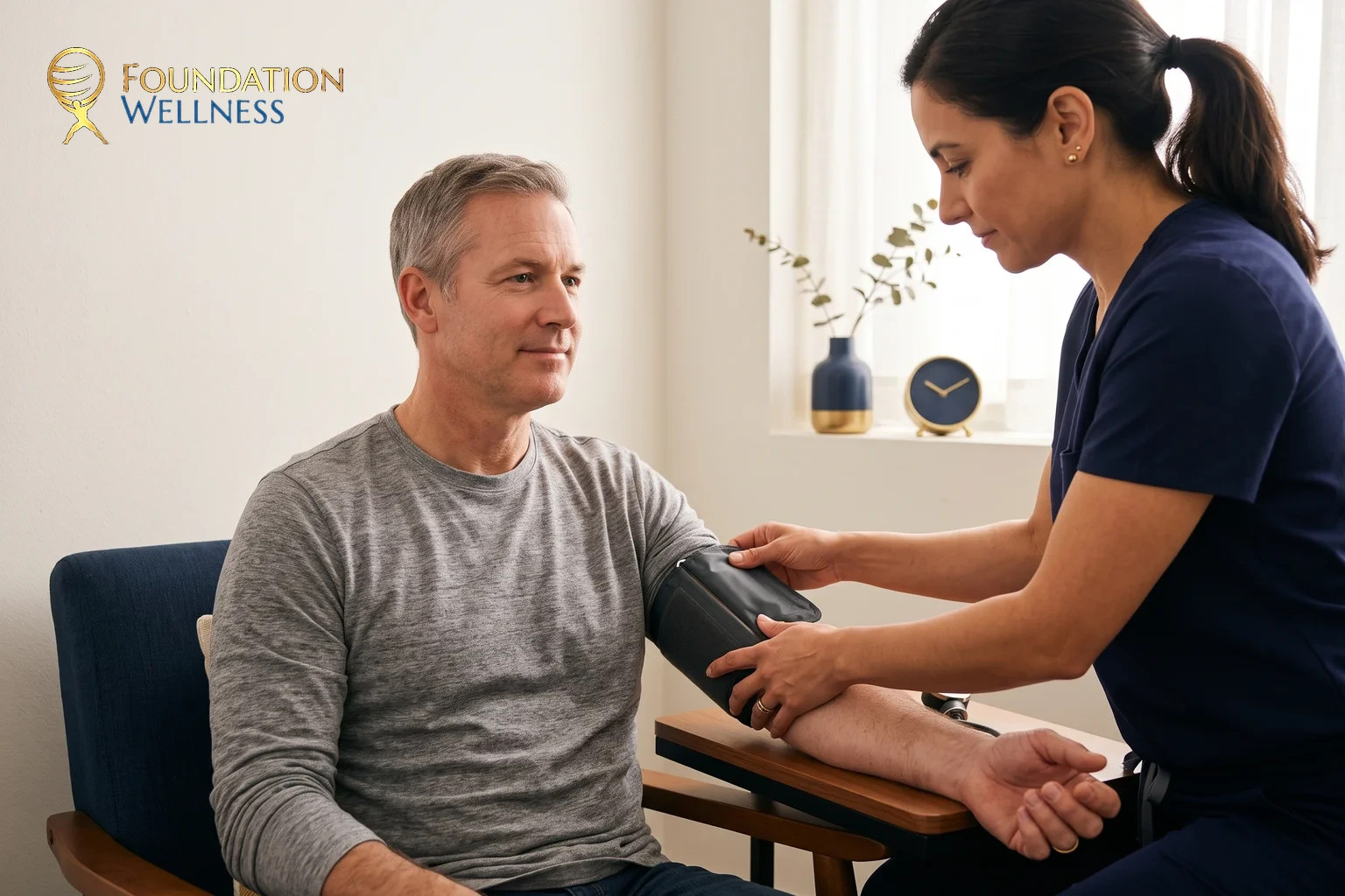 A clinician checking a patient blood pressure to monitor TRT safety