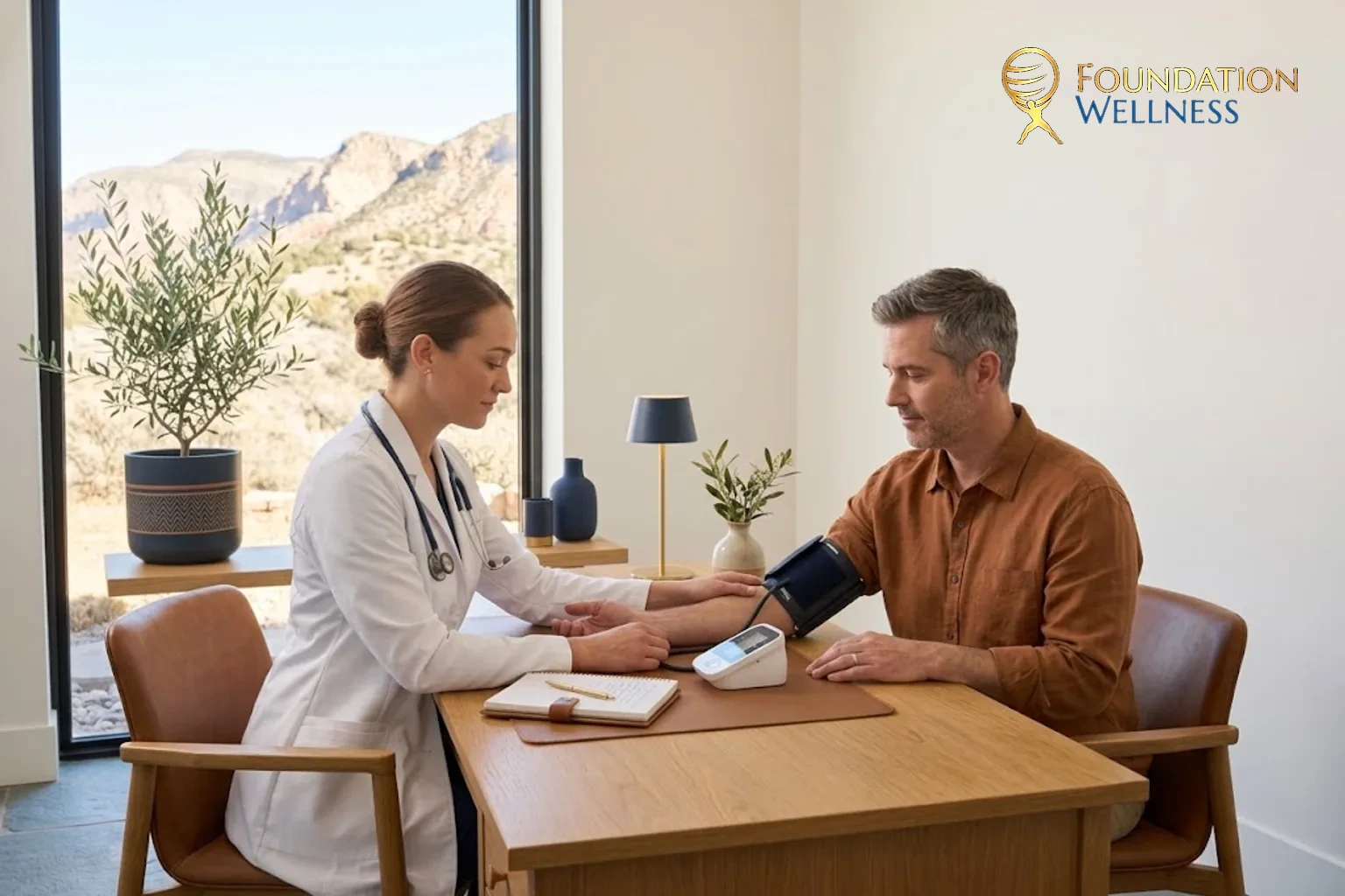 A clinician in a white coat checks a male patient&rsquo;s blood pressure during TRT monitoring at Foundation Wellness in Utah