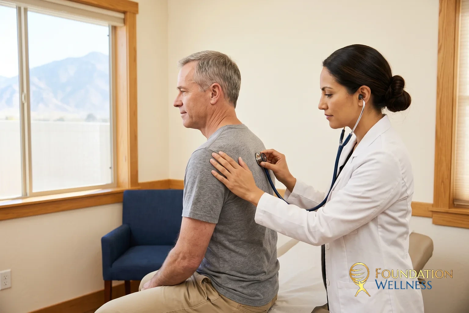 A clinician in a white coat listens to a seated man’s upper back through a stethoscope in a bright exam room, one hand resting on his shoulder