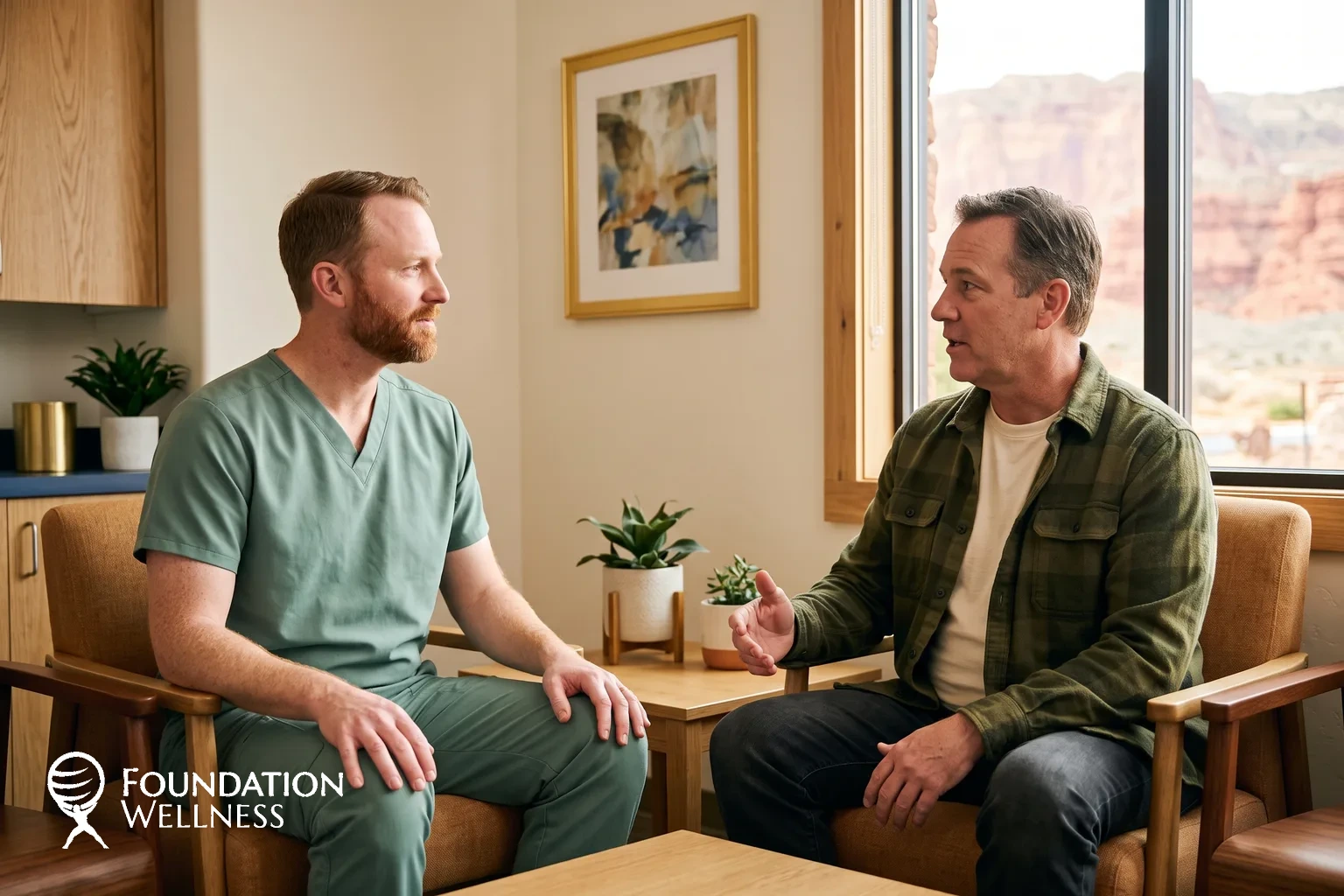 A clinician in sage scrubs sits knee to knee with a man in an olive flannel shirt, the two turned toward each other in a sunlit clinic corner