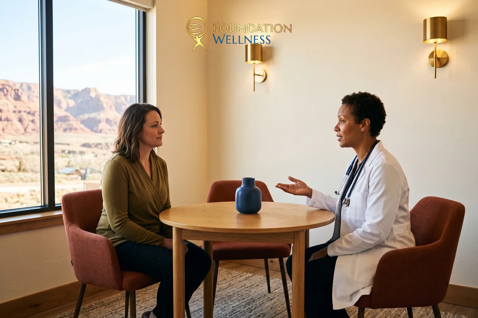 A physician and a woman in an olive top talking across a small round table, red rock visible through the window
