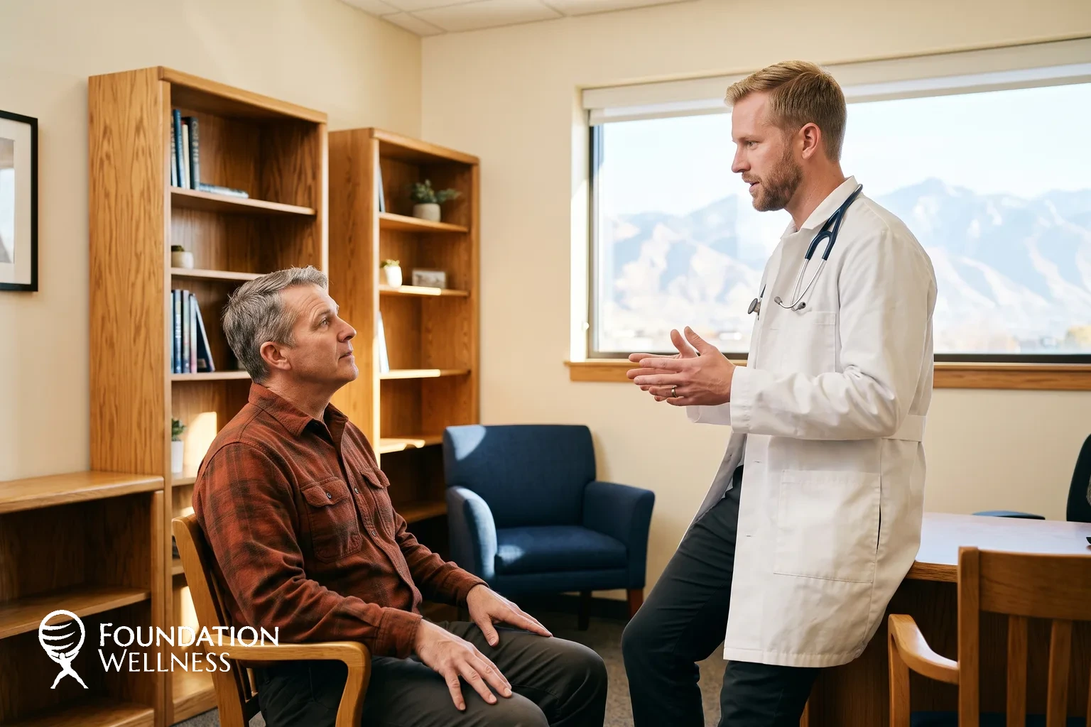 A physician in a white coat stands beside a seated man in a rust flannel shirt, explaining with both hands while the man looks up