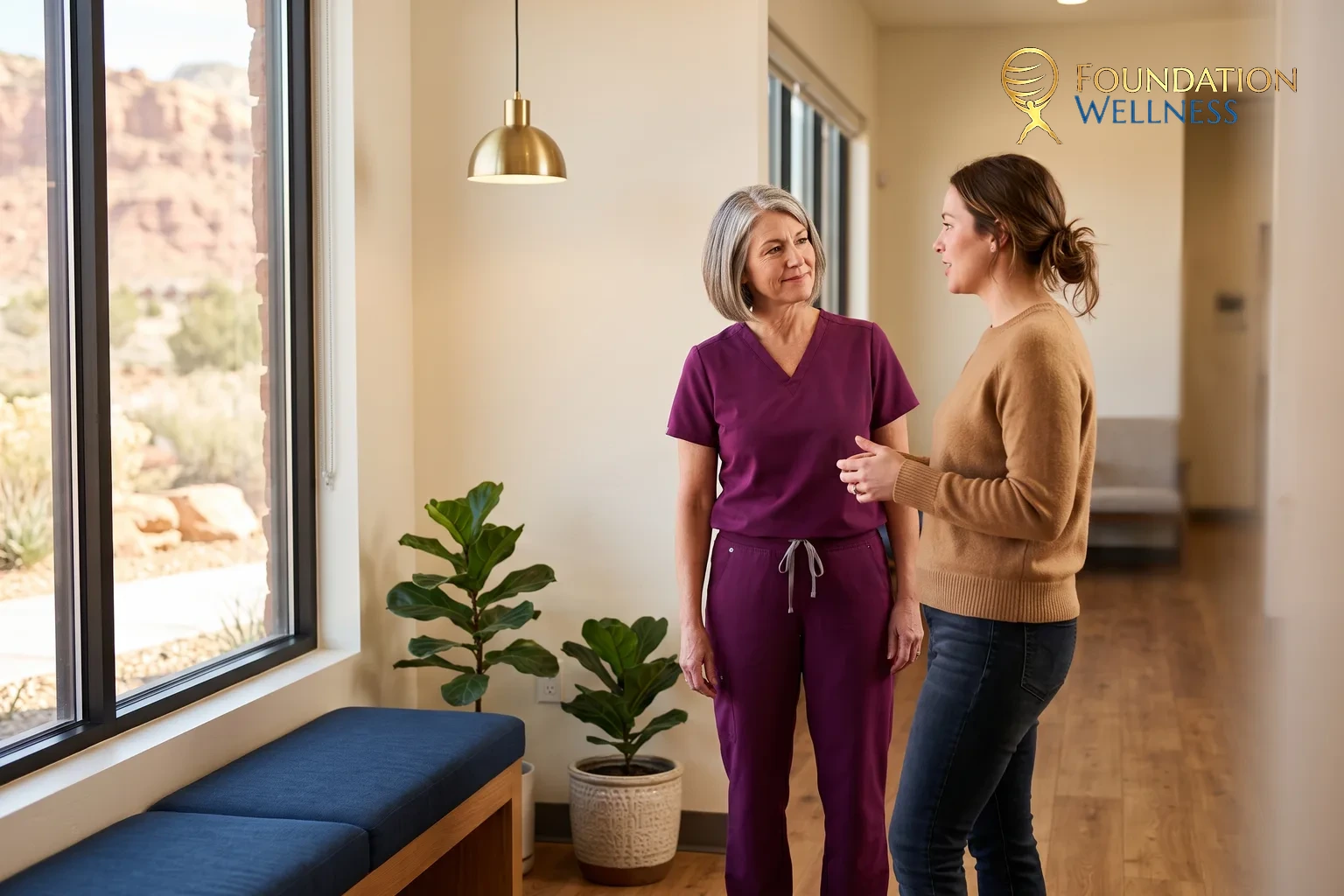 A clinician in plum scrubs and a woman in a camel jumper stand talking beside a tall clinic window with red rock outside